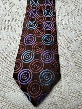 Ted Baker London 100% Silk Tan Brown Purple Teal Geometric Designer Tie Necktie